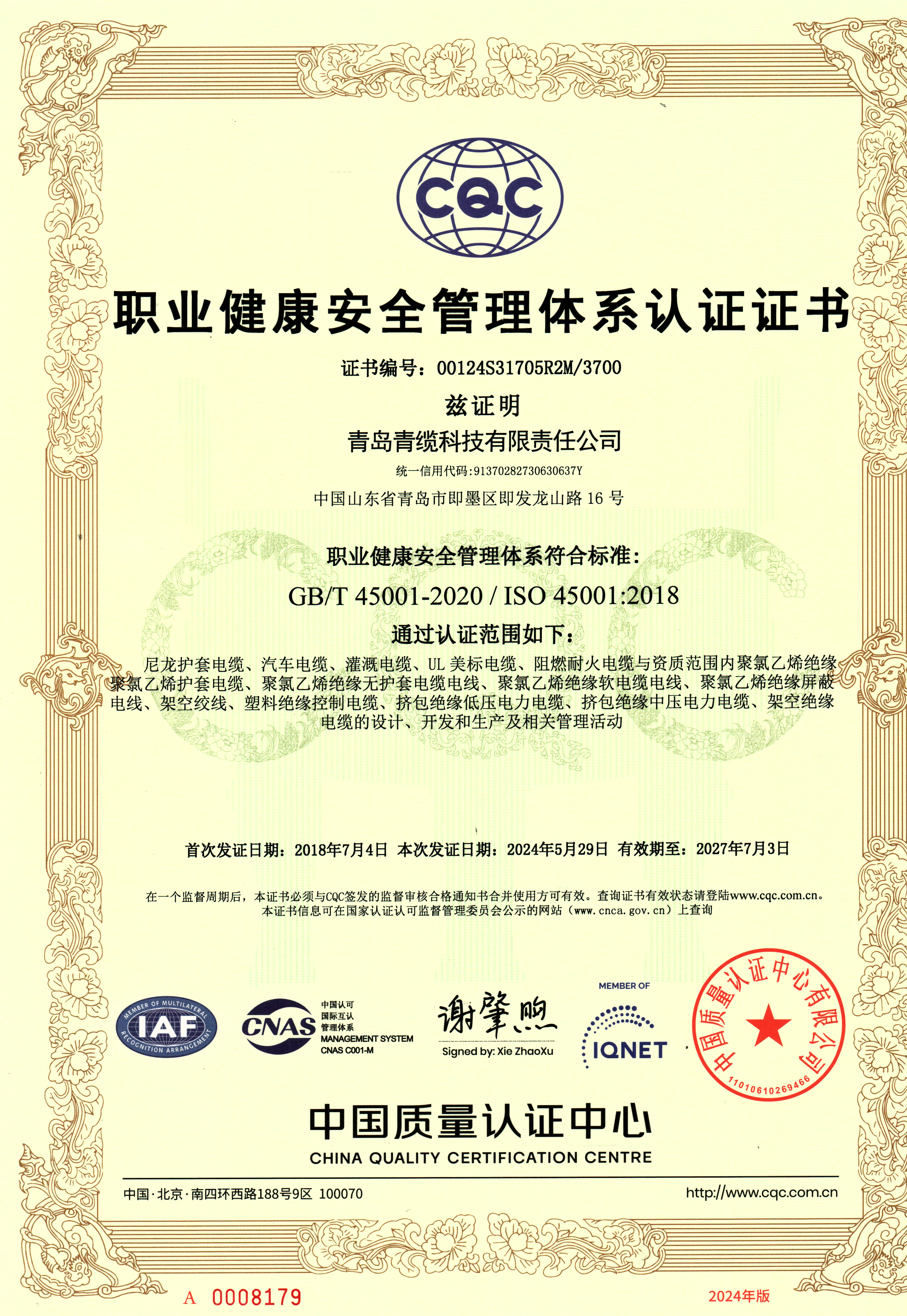 45001职业健康安全管理体系证书